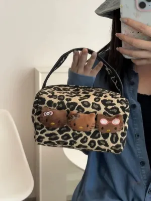 Leopard Print Niche Black-Skinned Kitty Cosmetic Bag - New Style, High-End, Large Capacity, Portable Handheld Makeup and Toiletry Storage Bag C-241128-2