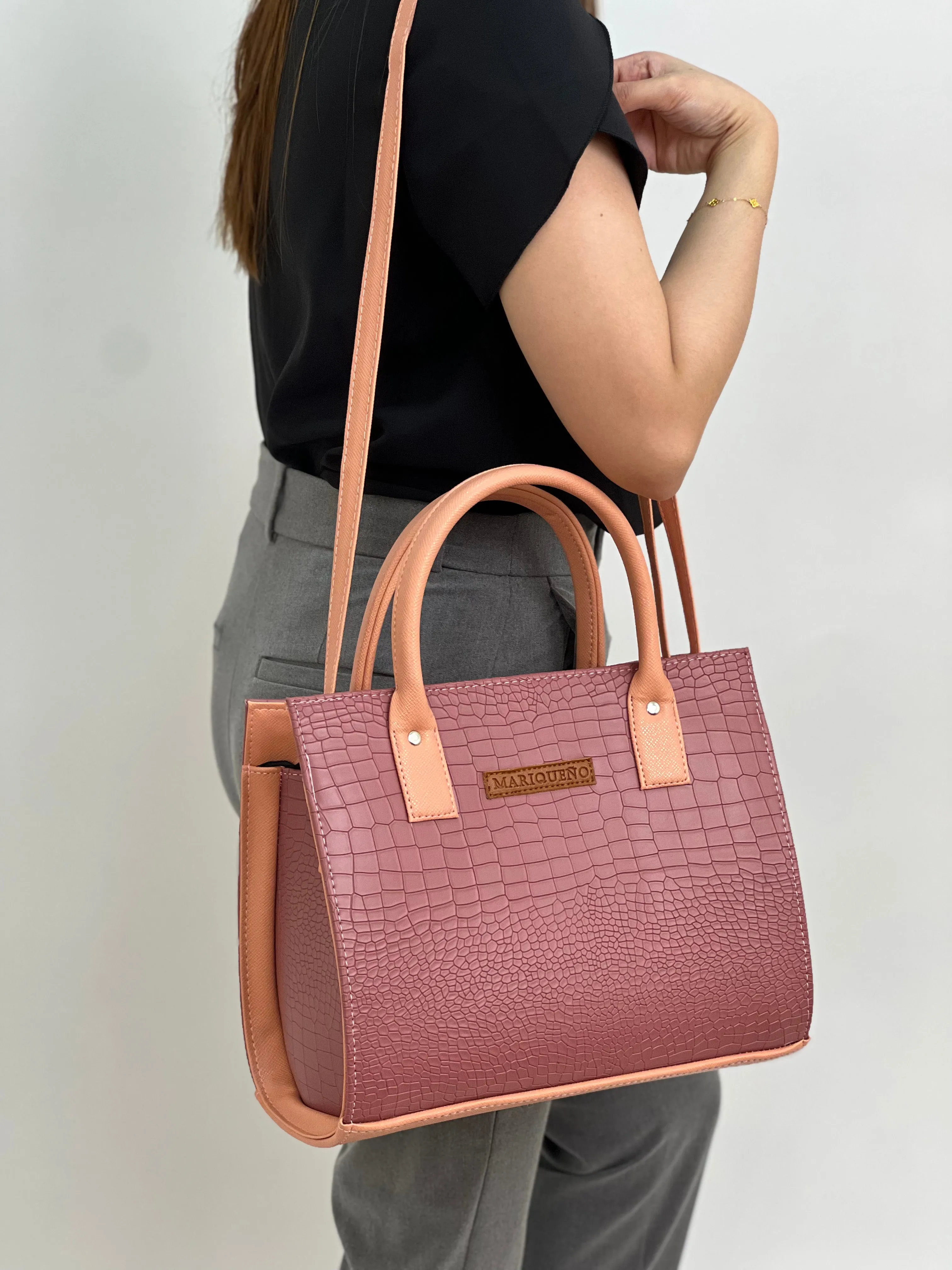 MADELINE Croc Embossed Satchel Bag in Old Rose