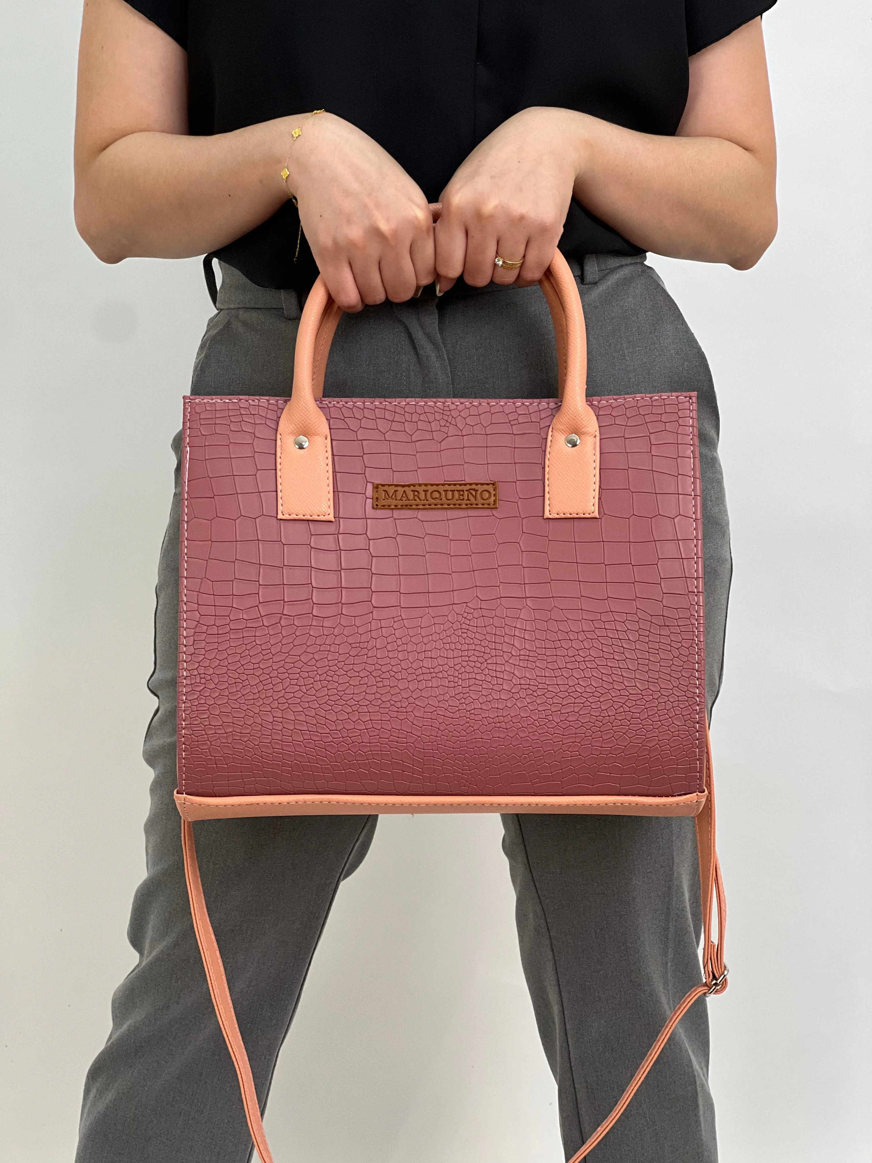 MADELINE Croc Embossed Satchel Bag in Old Rose
