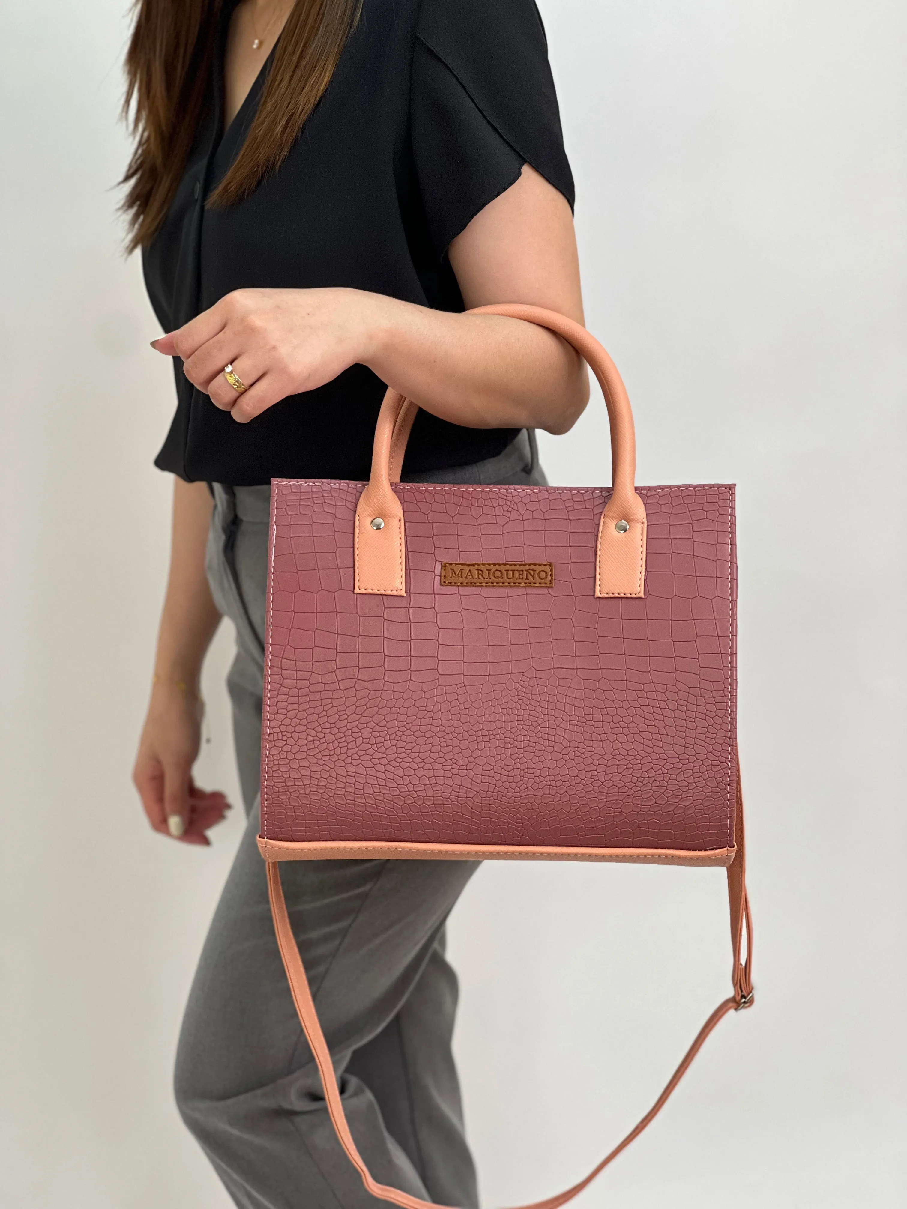 MADELINE Croc Embossed Satchel Bag in Old Rose
