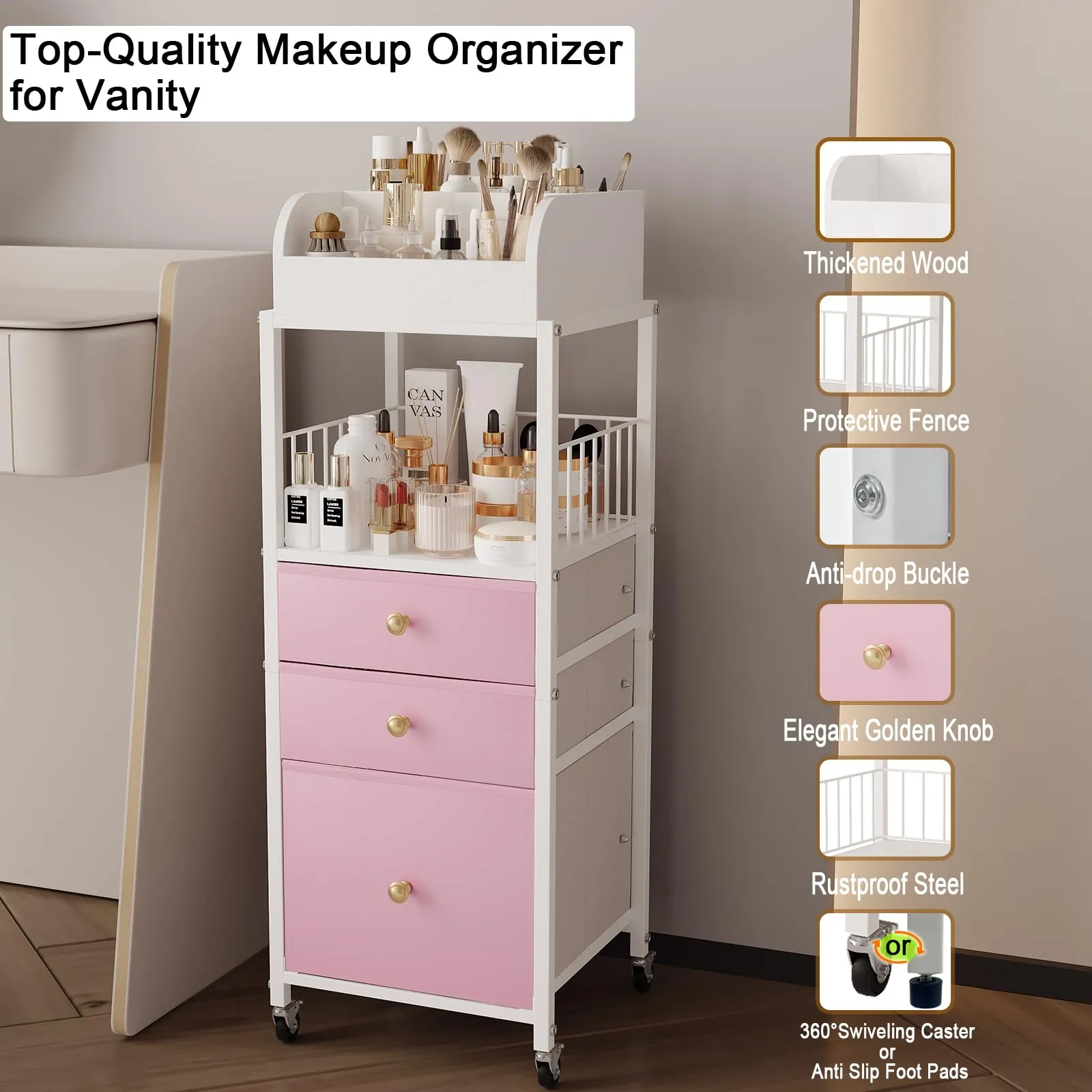 Makeup Organizer Cart with Drawers, Make up Organizers for Vanity, Floor Skincare Organizers- for Cosmetics, Nail Polish, Art Supply, Bathroom Vanity Desktop Organizer (White)