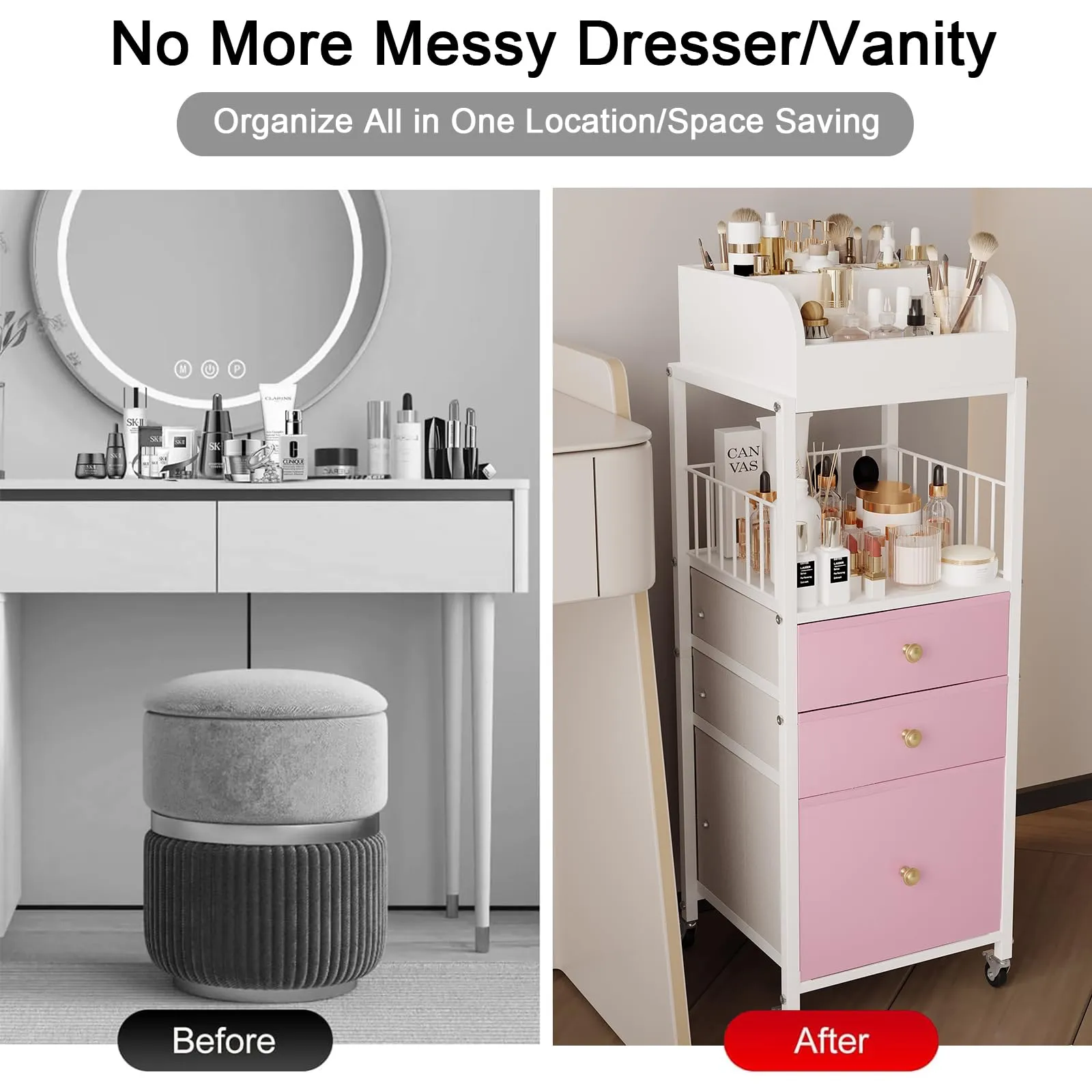 Makeup Organizer Cart with Drawers, Make up Organizers for Vanity, Floor Skincare Organizers- for Cosmetics, Nail Polish, Art Supply, Bathroom Vanity Desktop Organizer (White)