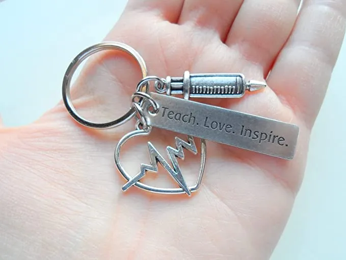 Medical Charm Keychain with Heart Beat Charm & Syringe Charm, and "Teach. Love. Inspire." Engraved Tag, Medical Professional or Professor Keychain