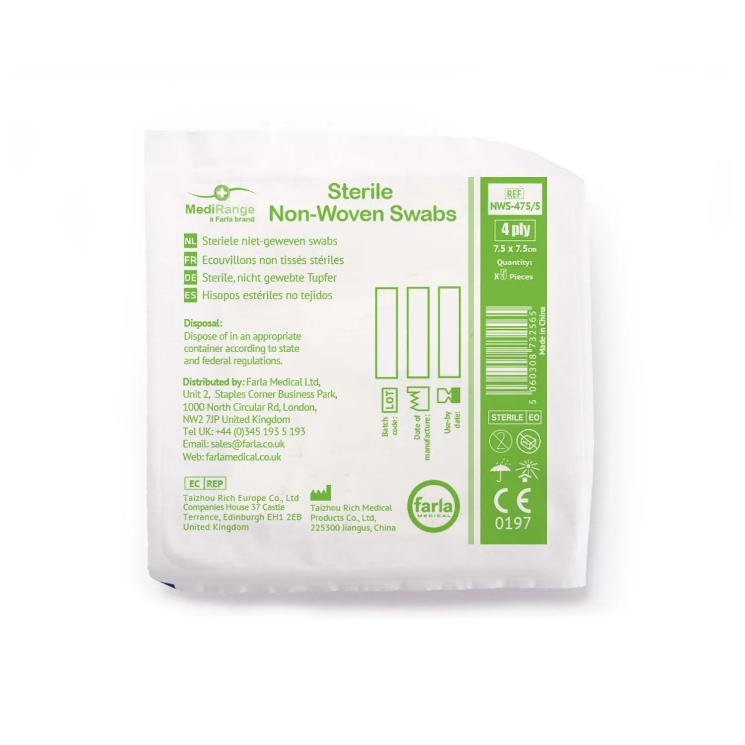 MediRange Non-Woven Swabs | Sterile | 7.5 x 7.5cm | 4 Ply | Pack of 5 x 50