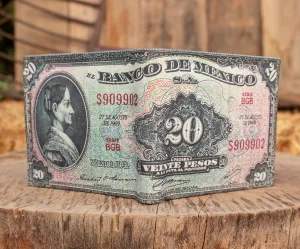 MEXICO 20 PESOS bill Mexican LEATHER laser printed  bi-fold wallet