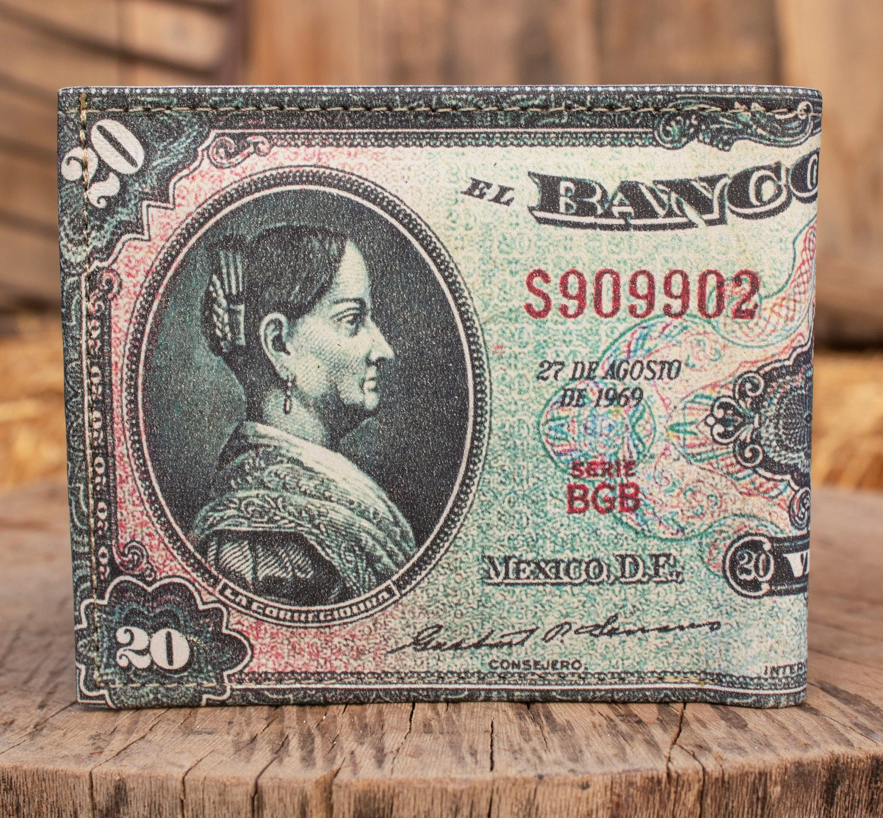 MEXICO 20 PESOS bill Mexican LEATHER laser printed  bi-fold wallet