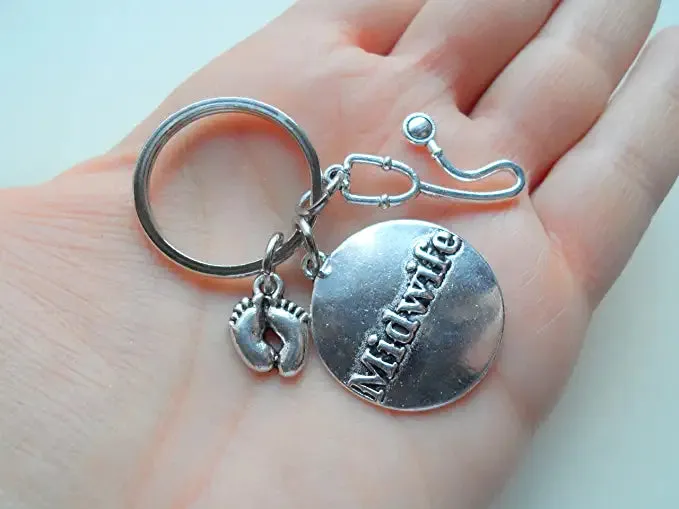 Midwife Keychain, Baby Feet Charm, Stethoscope Charm, and Midwife Disc Charm Keychain, Appreciation Keychain