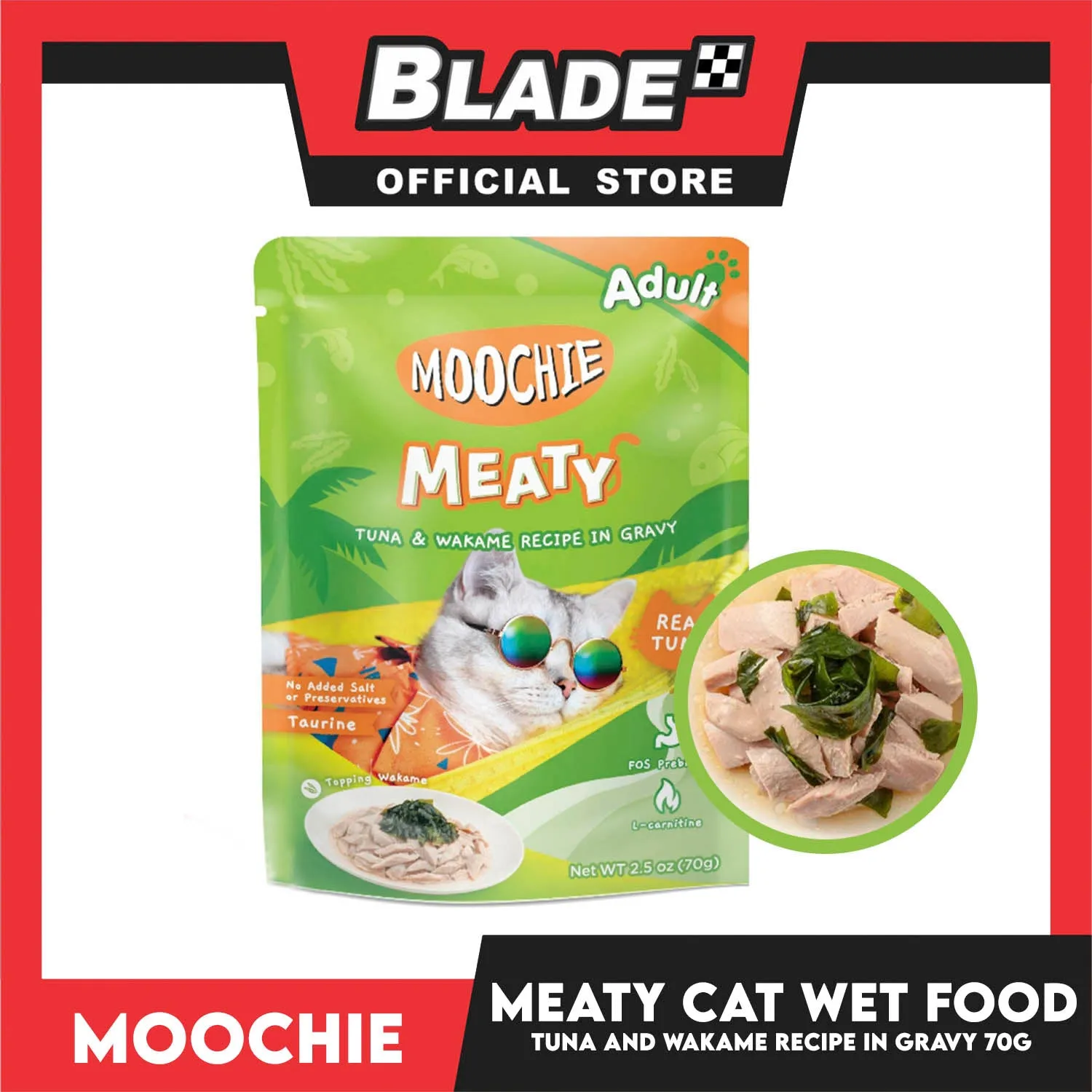 Moochie Meaty Cat Wet Food for Adult 70g (Tuna and Wakame Recipe in Gravy)