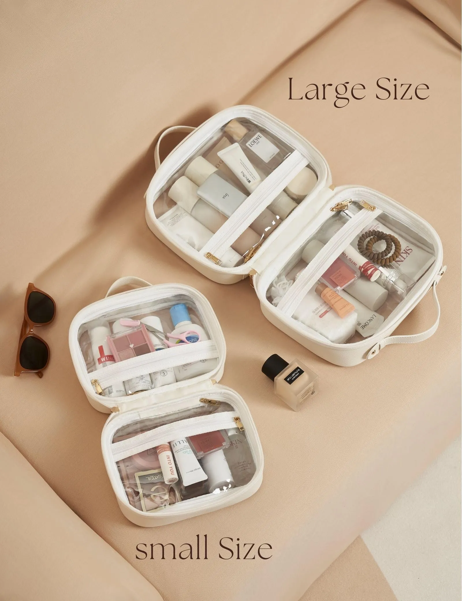 Oaque Clear Cosmetic Bag Double Layer Travel Toiletry Bag White Makeup Bag Case with 4 Compartments, Transparent Travel Bag for Toiletries, TSA Approved Toiletry Case for Women (White)