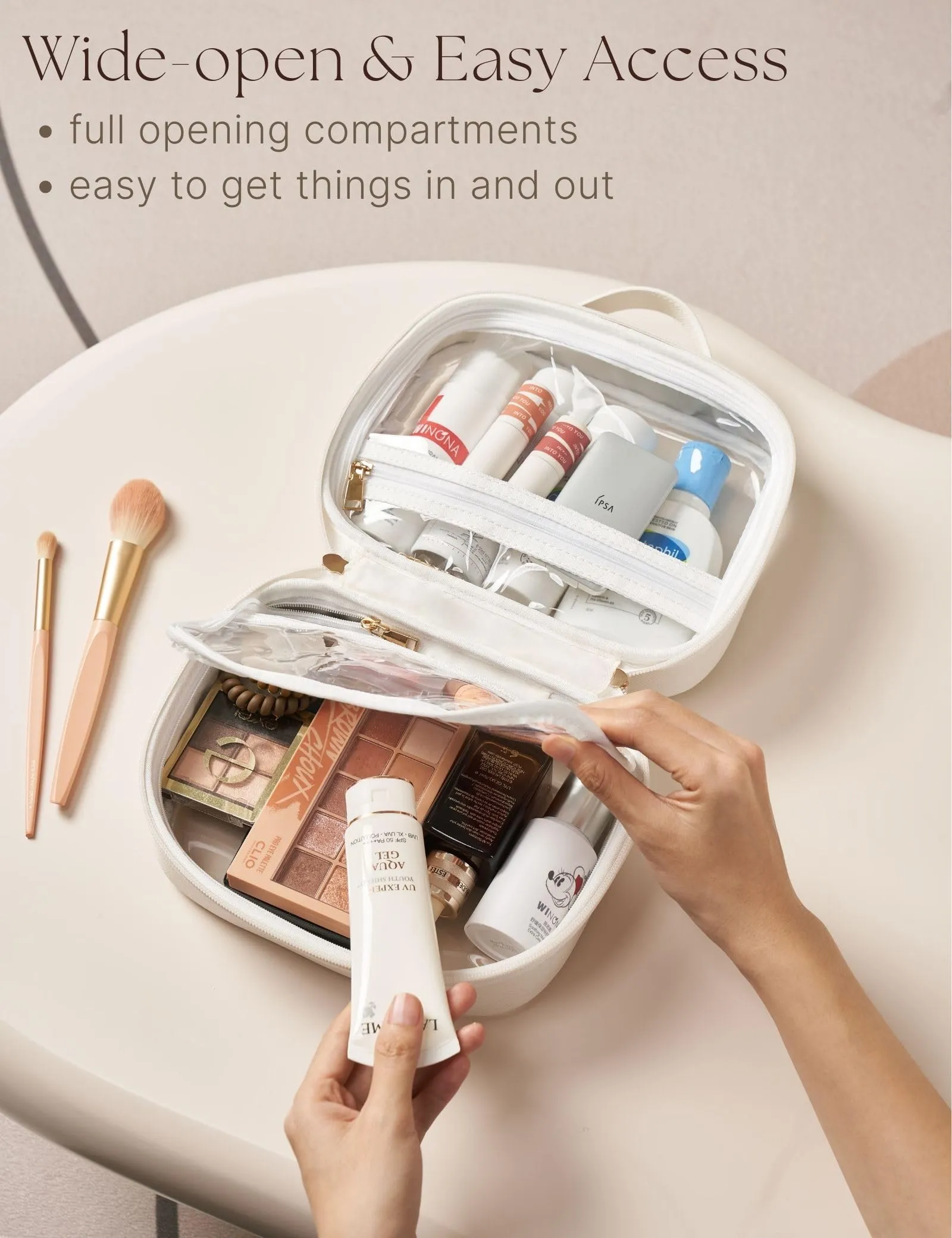 Oaque Clear Cosmetic Bag Double Layer Travel Toiletry Bag White Makeup Bag Case with 4 Compartments, Transparent Travel Bag for Toiletries, TSA Approved Toiletry Case for Women (White)
