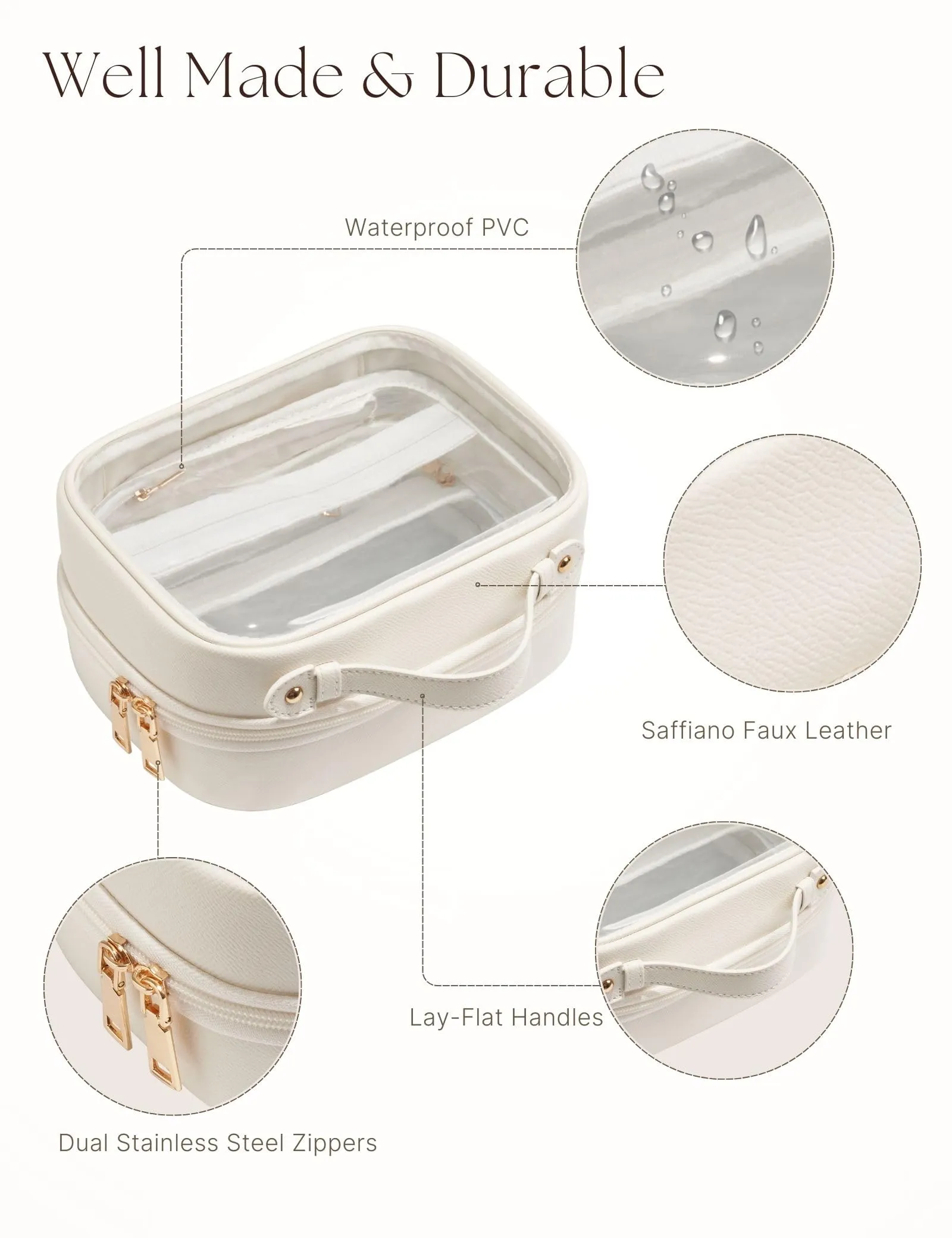 Oaque Clear Cosmetic Bag Double Layer Travel Toiletry Bag White Makeup Bag Case with 4 Compartments, Transparent Travel Bag for Toiletries, TSA Approved Toiletry Case for Women (White)