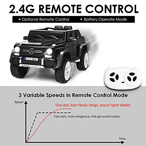 OLAKIDS 12V Battery Powered Ride On Car, Licensed Mercedes-Benz Maybach G650S Toy with 3 Speeds, LED Lights, 2 Motors, 2.4G Remote Control, Horn, Music, Electric Vehicle for Toddler (Black)