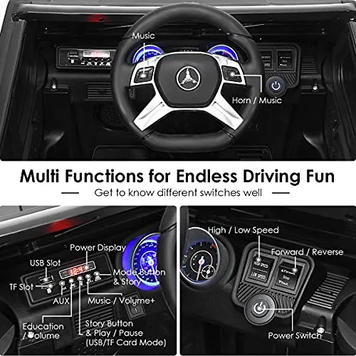 OLAKIDS 12V Battery Powered Ride On Car, Licensed Mercedes-Benz Maybach G650S Toy with 3 Speeds, LED Lights, 2 Motors, 2.4G Remote Control, Horn, Music, Electric Vehicle for Toddler (Black)
