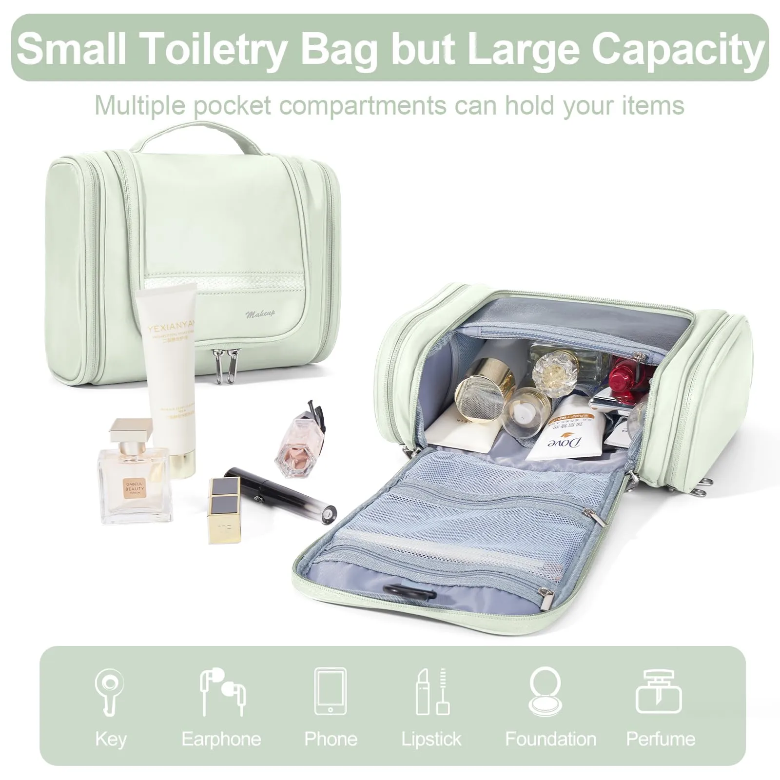ONXTHIN Toiletry Bag Travel Bag with Hanging Hook, Water-resistant Makeup Cosmetic Bag Travel Organizer for Accessories, Toiletries