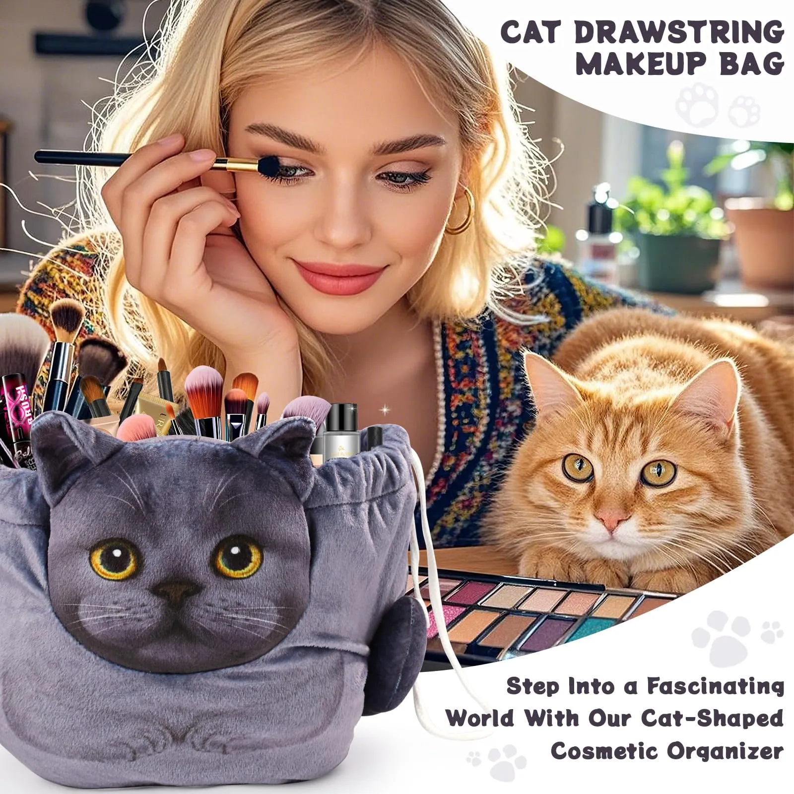 Openhahaha Drawstring Makeup Bag, Cat Makeup Bag, Travel Makeup Organizer, Cosmetic Pouch Bag, Cat Gift for Women, Lay Flat Makeup Bag Gifts for Cat Lovers