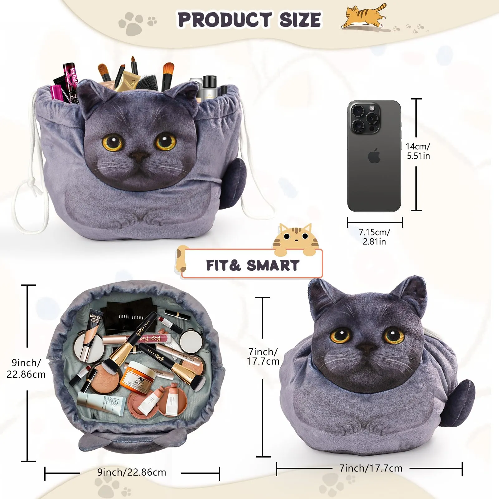 Openhahaha Drawstring Makeup Bag, Cat Makeup Bag, Travel Makeup Organizer, Cosmetic Pouch Bag, Cat Gift for Women, Lay Flat Makeup Bag Gifts for Cat Lovers