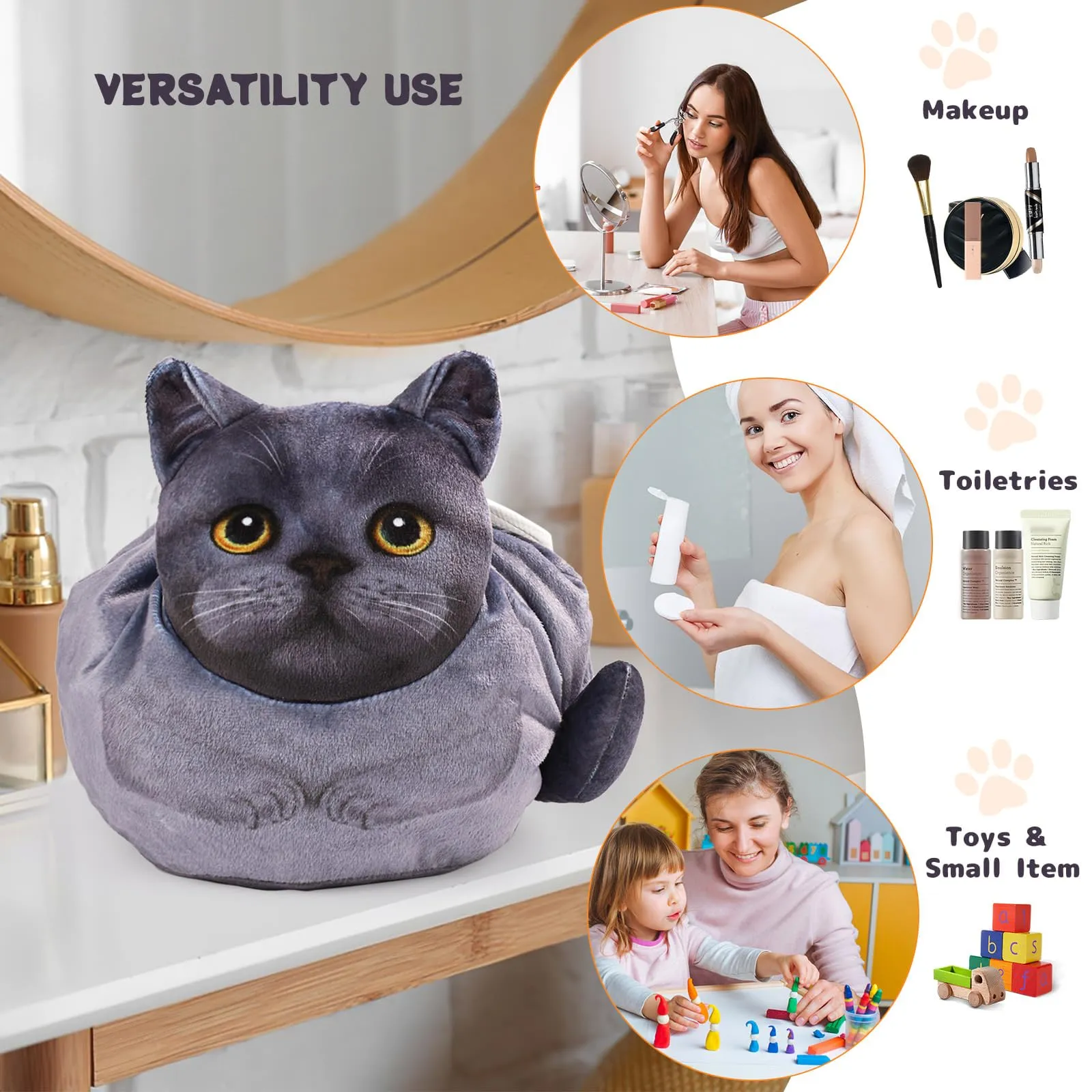 Openhahaha Drawstring Makeup Bag, Cat Makeup Bag, Travel Makeup Organizer, Cosmetic Pouch Bag, Cat Gift for Women, Lay Flat Makeup Bag Gifts for Cat Lovers