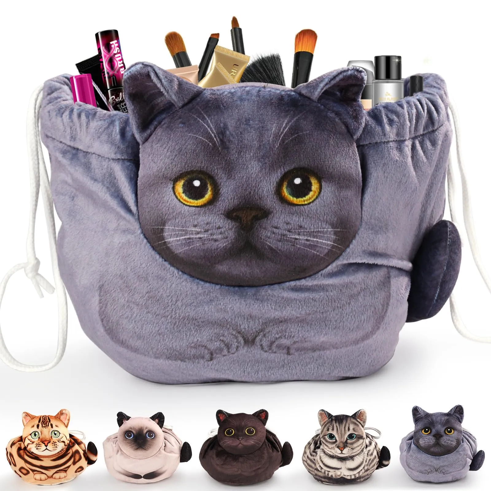 Openhahaha Drawstring Makeup Bag, Cat Makeup Bag, Travel Makeup Organizer, Cosmetic Pouch Bag, Cat Gift for Women, Lay Flat Makeup Bag Gifts for Cat Lovers