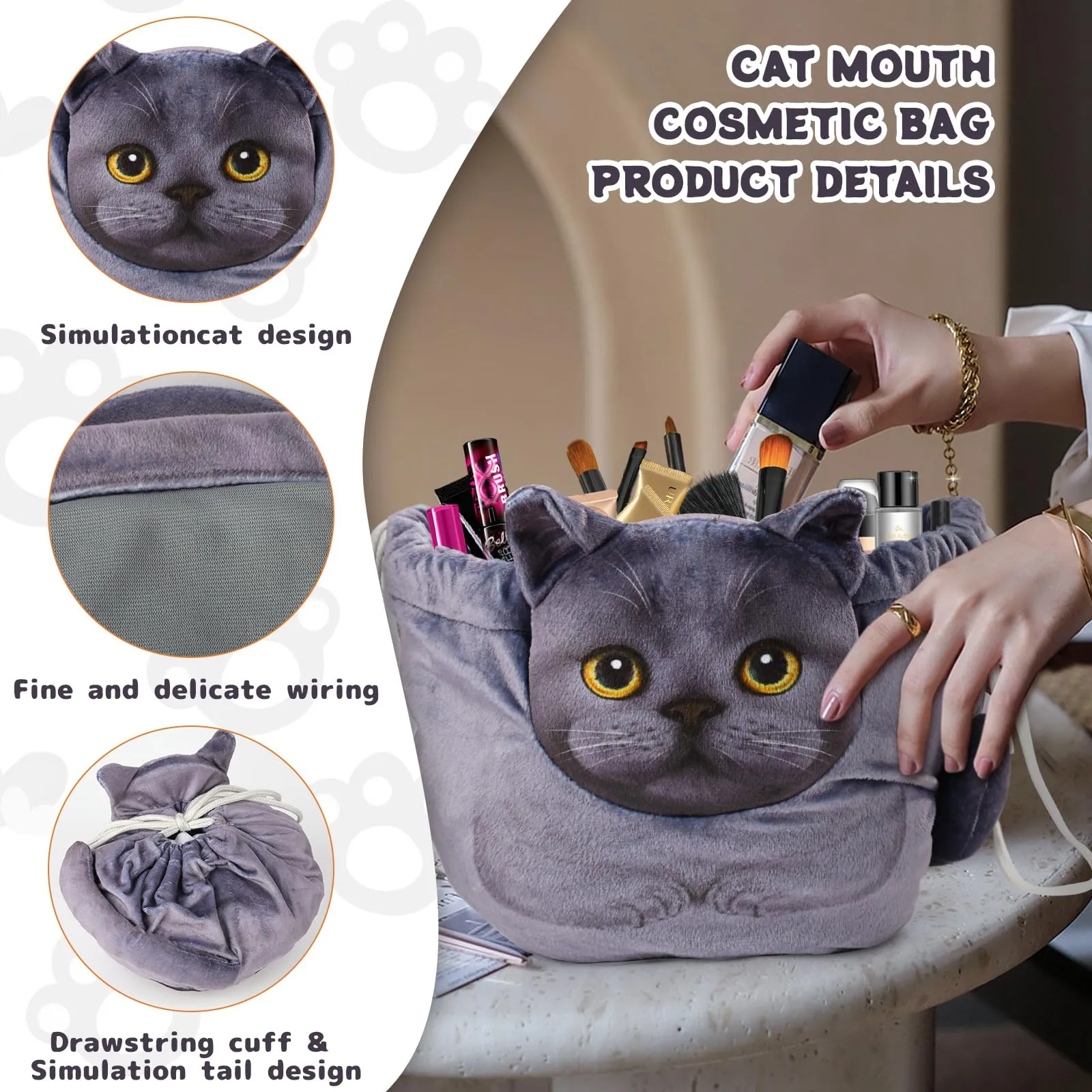 Openhahaha Drawstring Makeup Bag, Cat Makeup Bag, Travel Makeup Organizer, Cosmetic Pouch Bag, Cat Gift for Women, Lay Flat Makeup Bag Gifts for Cat Lovers