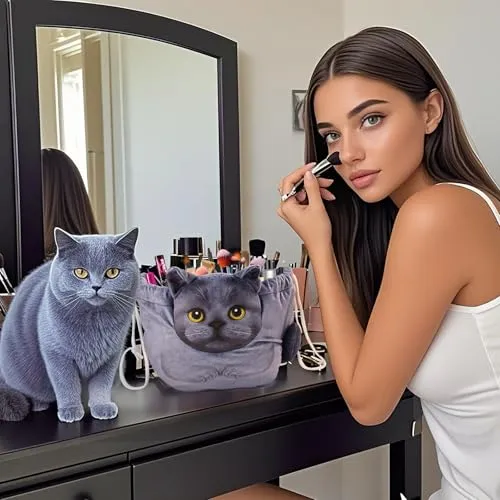 Openhahaha Drawstring Makeup Bag, Cat Makeup Bag, Travel Makeup Organizer, Cosmetic Pouch Bag, Cat Gift for Women, Lay Flat Makeup Bag Gifts for Cat Lovers