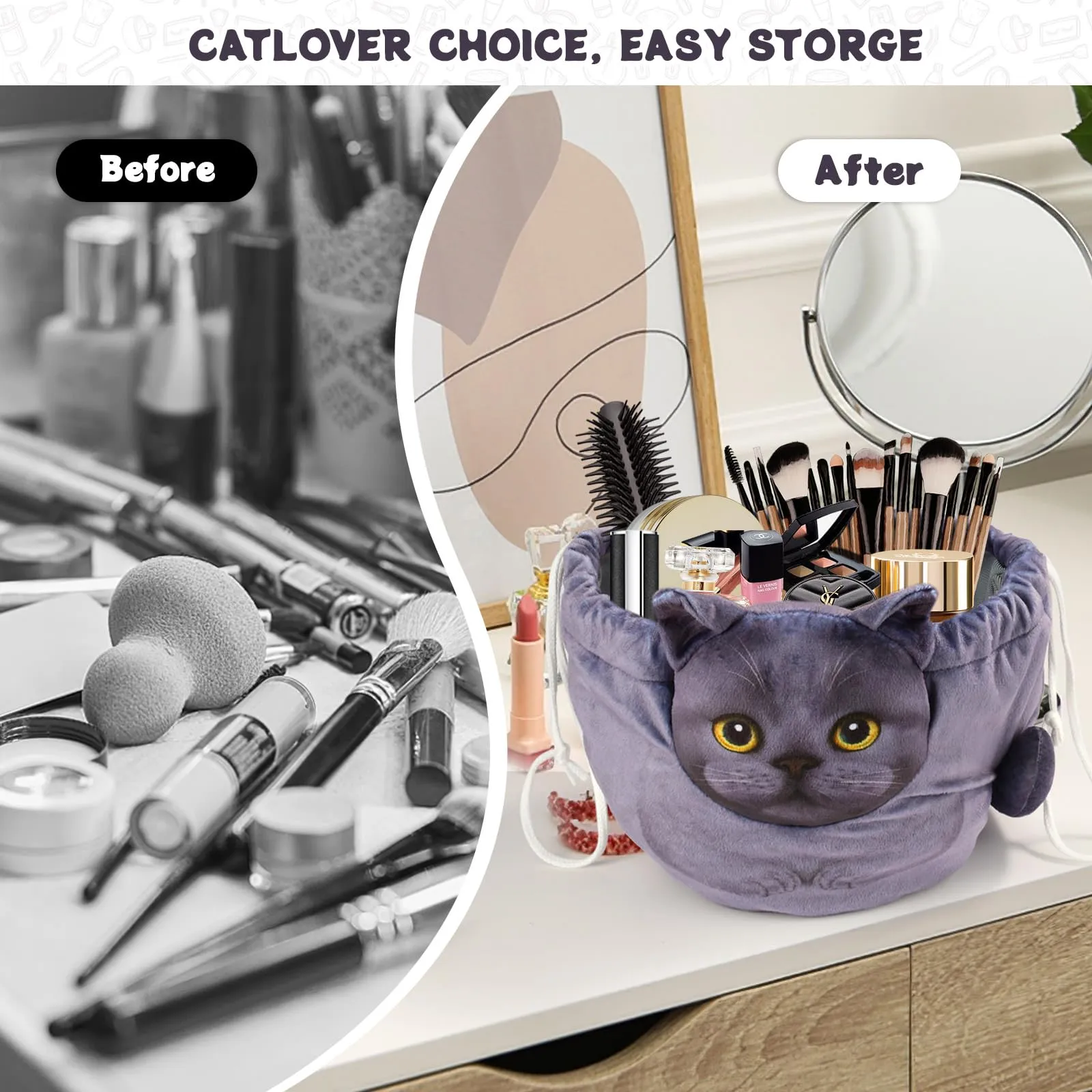 Openhahaha Drawstring Makeup Bag, Cat Makeup Bag, Travel Makeup Organizer, Cosmetic Pouch Bag, Cat Gift for Women, Lay Flat Makeup Bag Gifts for Cat Lovers