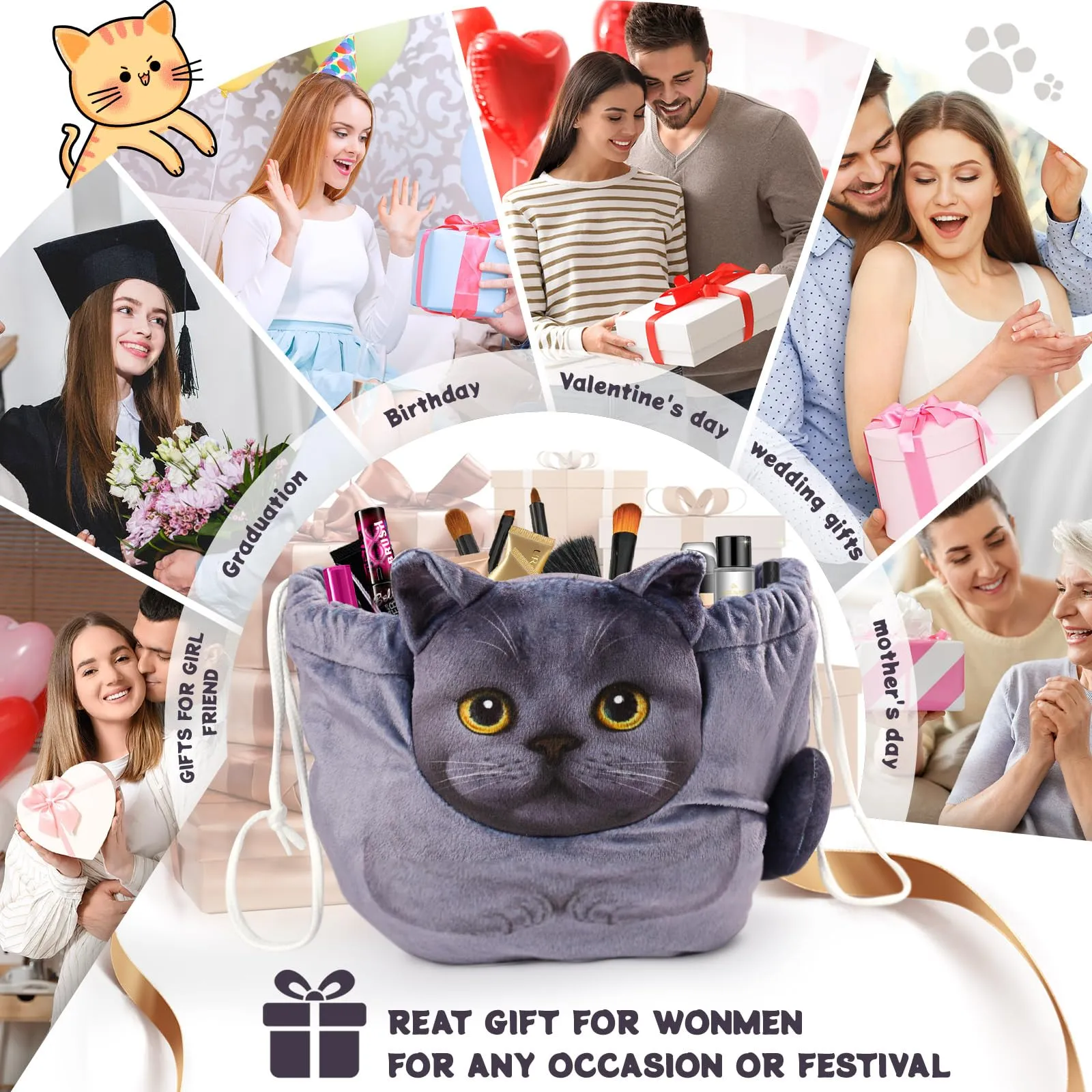 Openhahaha Drawstring Makeup Bag, Cat Makeup Bag, Travel Makeup Organizer, Cosmetic Pouch Bag, Cat Gift for Women, Lay Flat Makeup Bag Gifts for Cat Lovers
