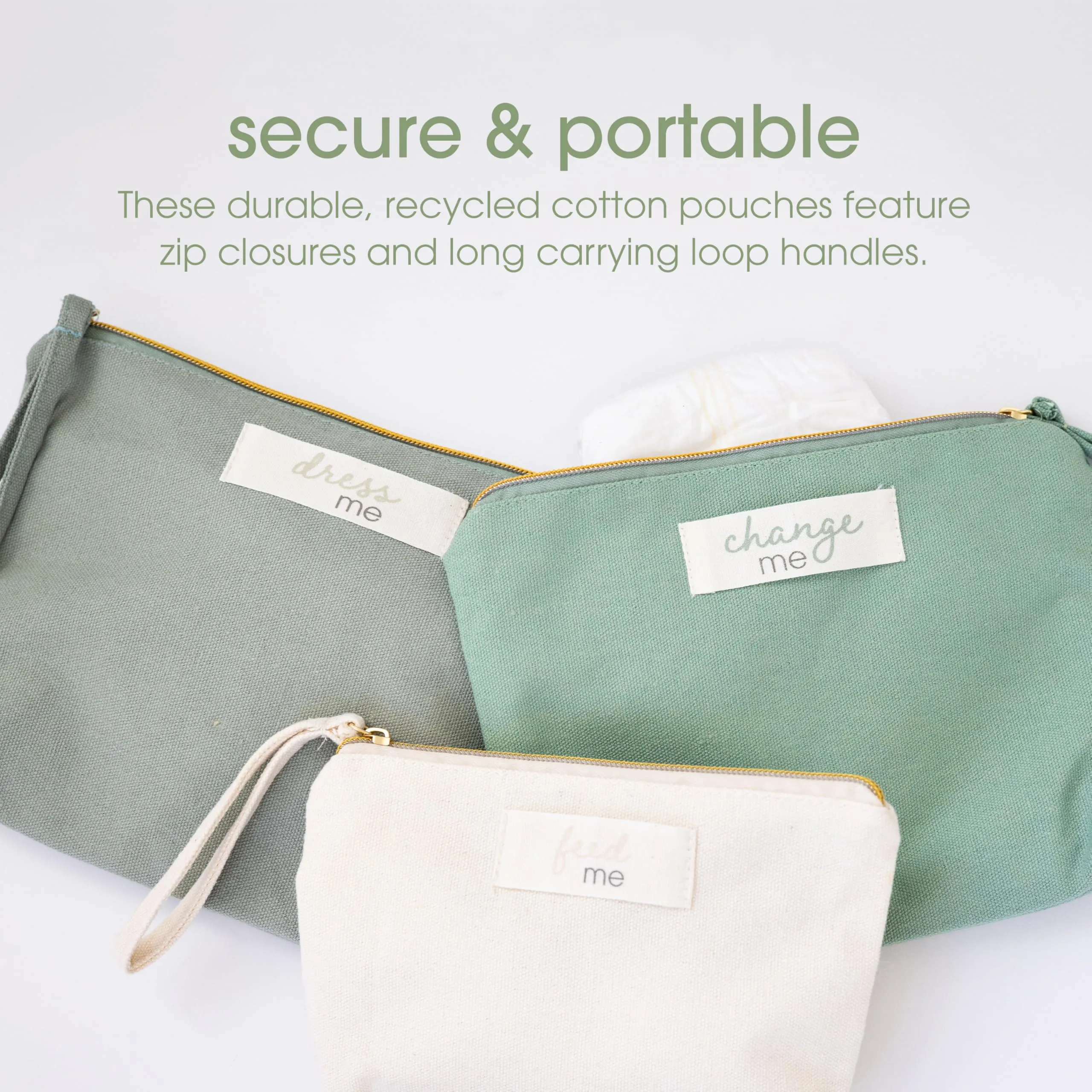 Pearhead Baby Diaper Bag Organizing Pouch Set – Feed Me, Change Me, Dress Me – Zip Pouches Made from Recycled Cotton, Gender Neutral Diaper Bag Accessories and Baby Essentials Organizer - Set of 3