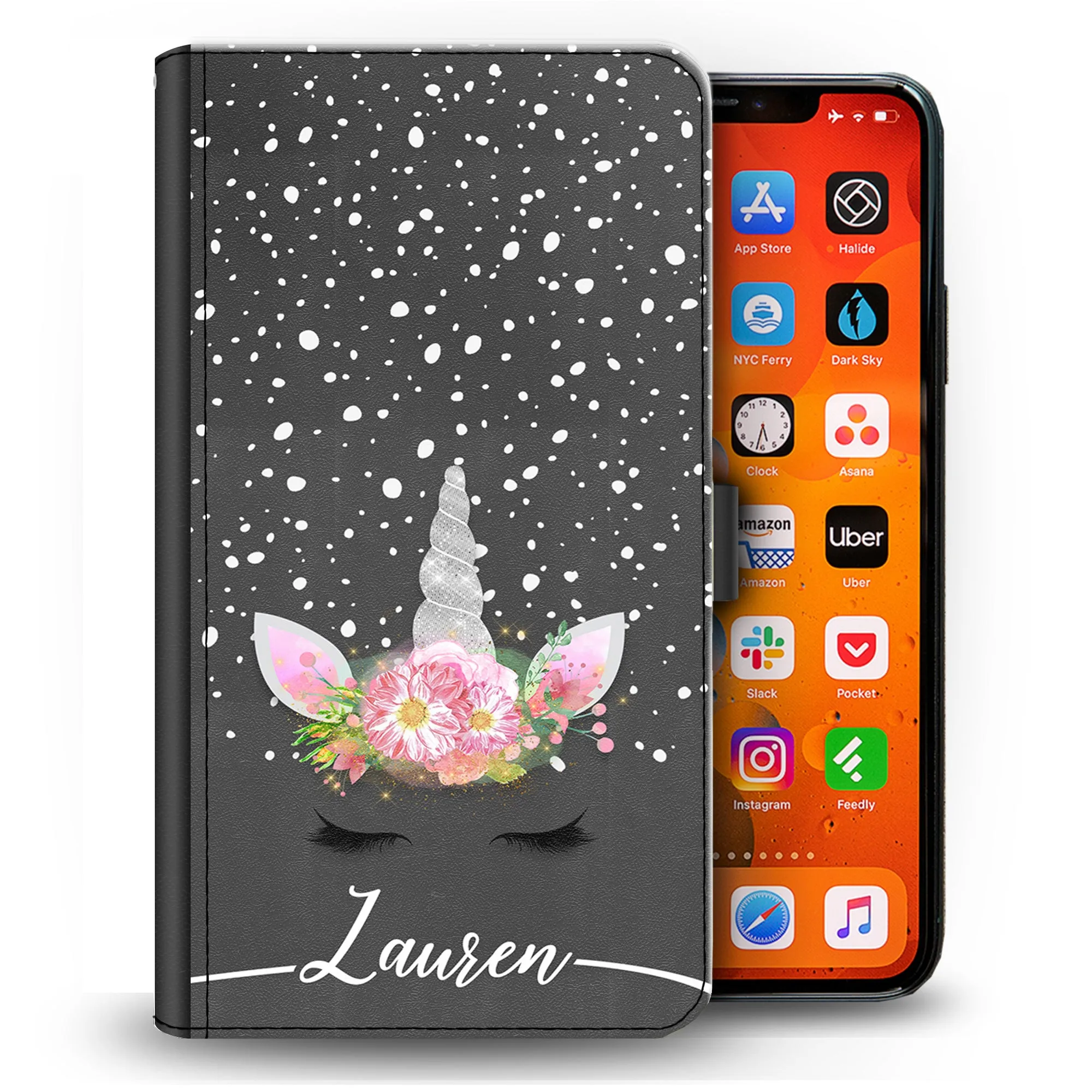 Personalised Nokia Phone Leather Wallet with Silver Floral Unicorn and Text on Dark Grey