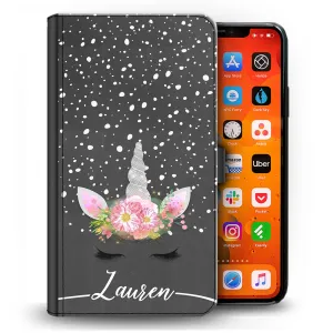 Personalised Nokia Phone Leather Wallet with Silver Floral Unicorn and Text on Dark Grey