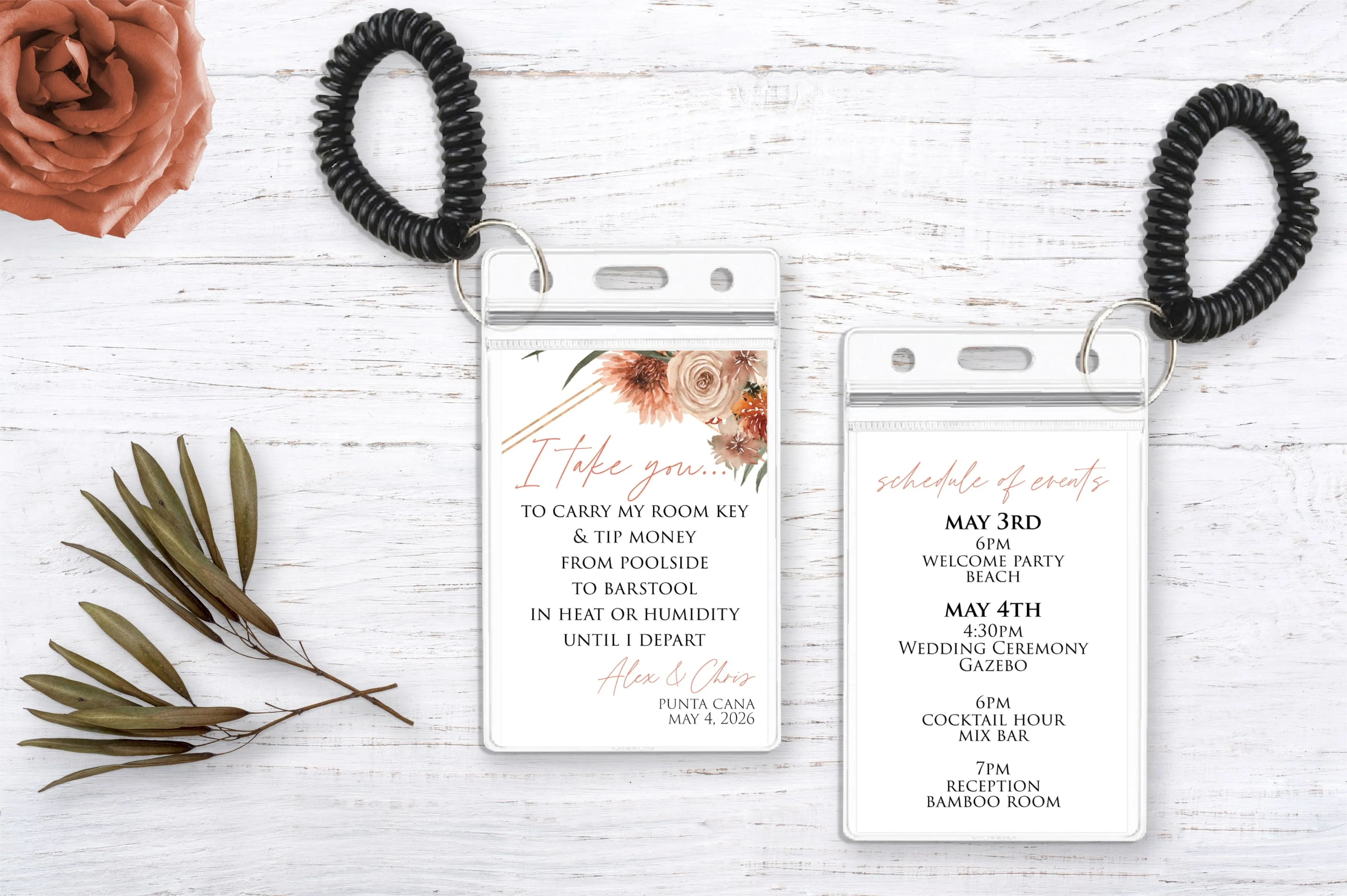 Personalized Destination Wedding Room Key Holder and Itinerary - Terracotta