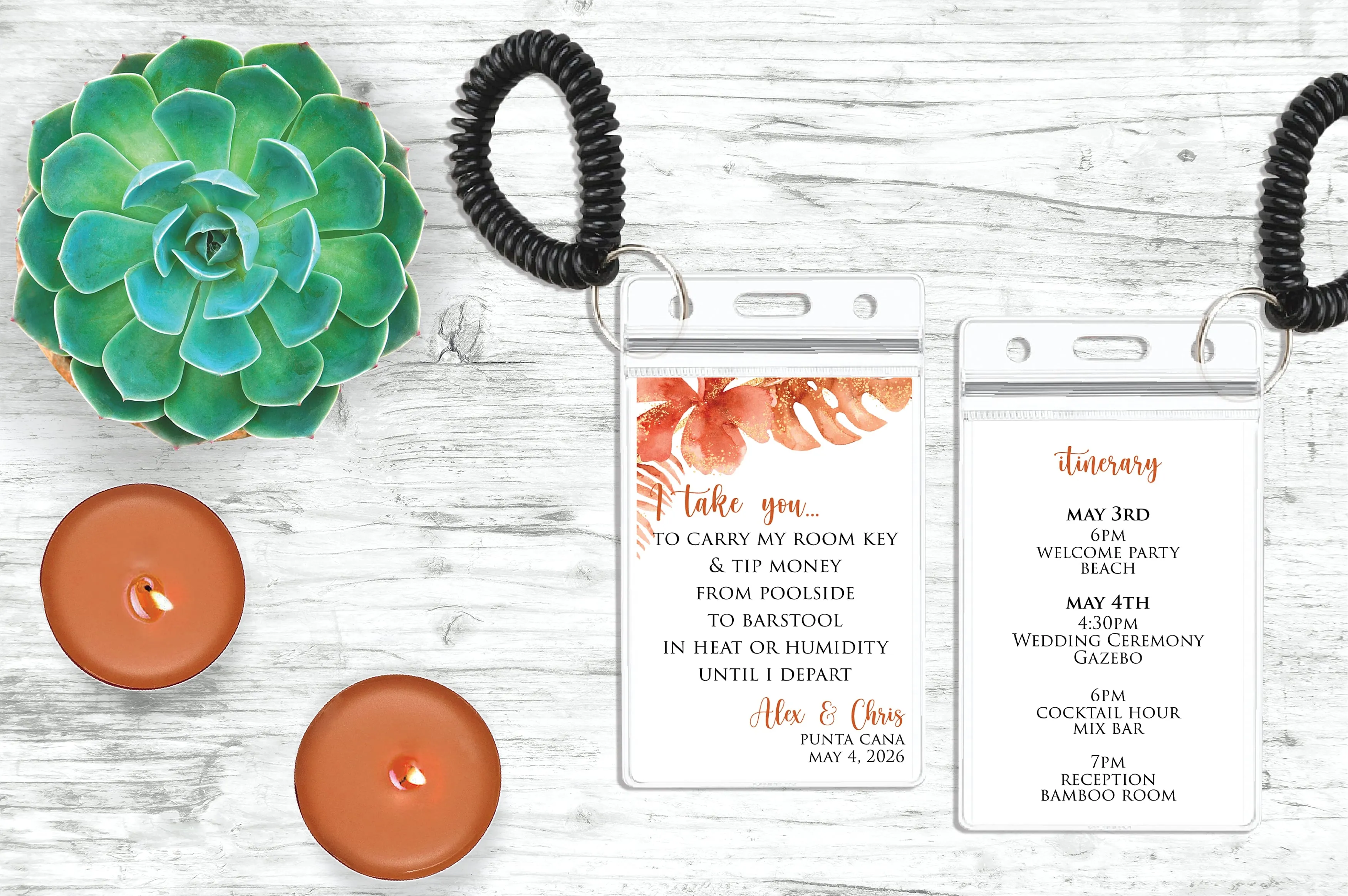 Personalized Destination Wedding Room Key Holder and Itinerary - Tropical Burnt Orange