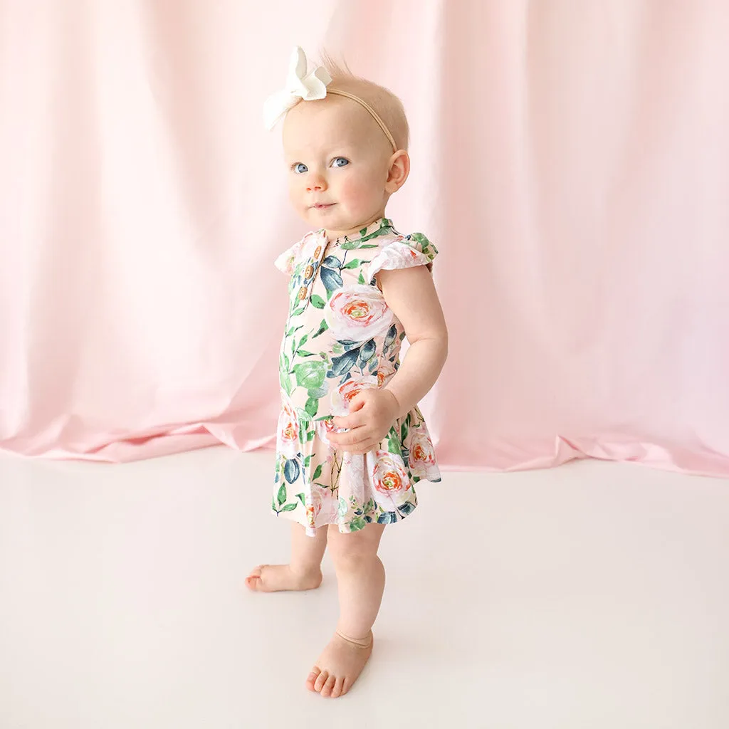Posh Peanut Harper Ruffled Capsleeve Henley Twirl Skirt Bodysuit