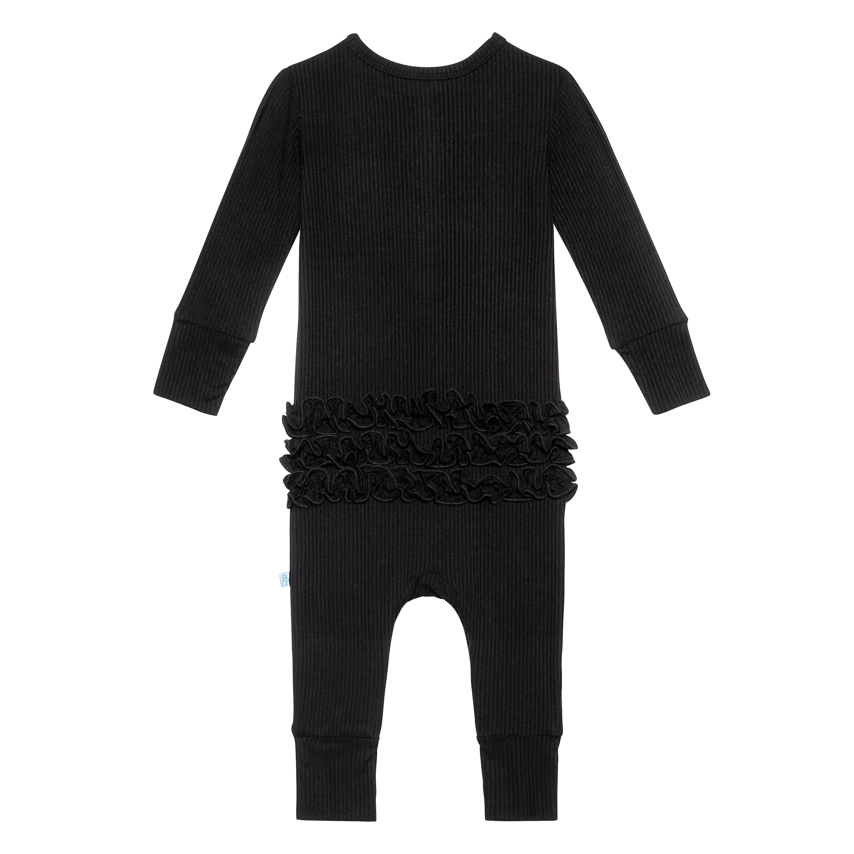 Posh Peanut Solid Ribbed Black L/S Ruffled Henley Romper