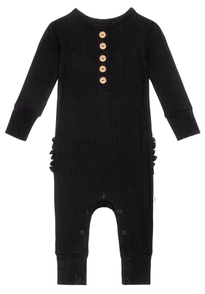 Posh Peanut Solid Ribbed Black L/S Ruffled Henley Romper
