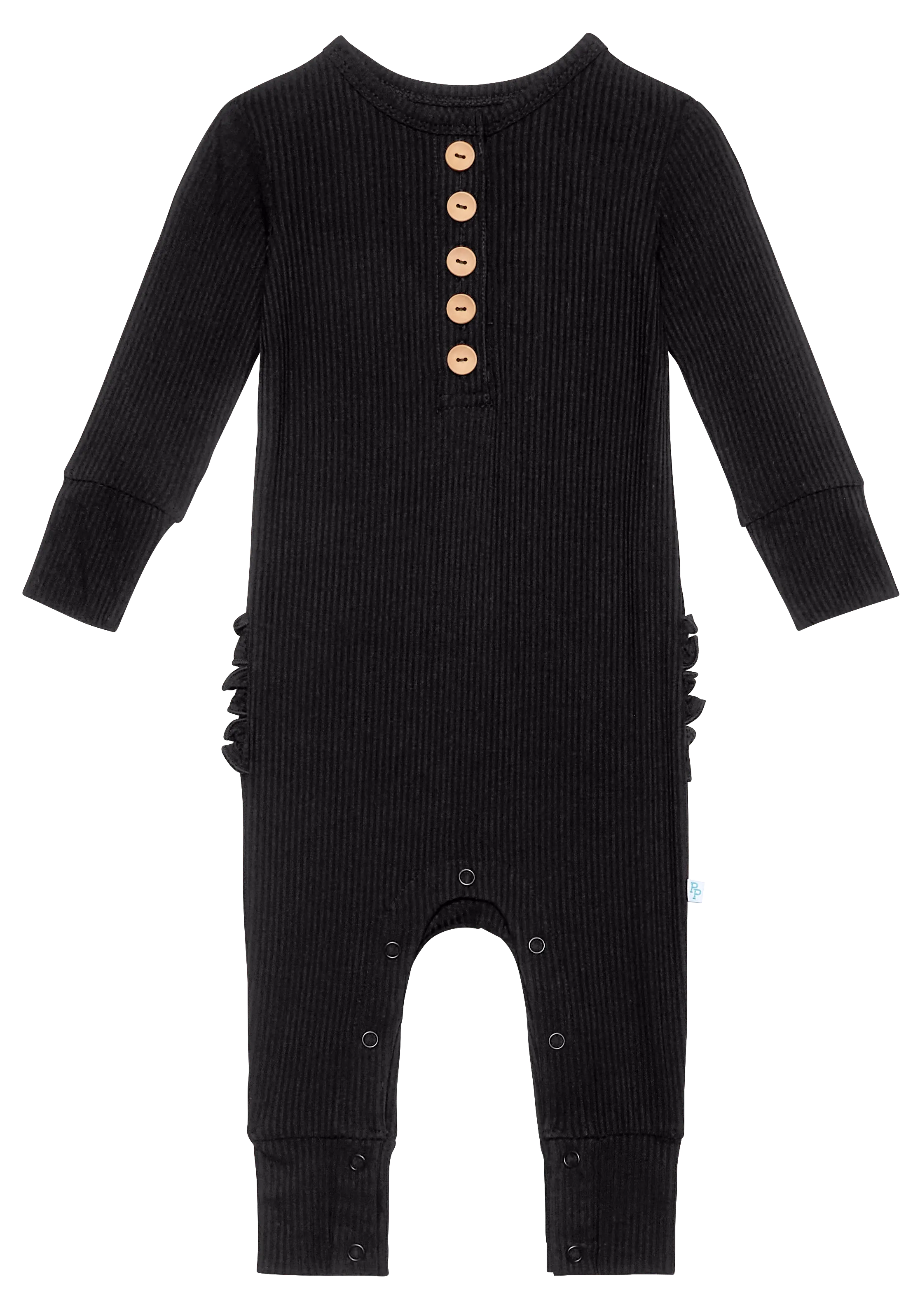 Posh Peanut Solid Ribbed Black L/S Ruffled Henley Romper