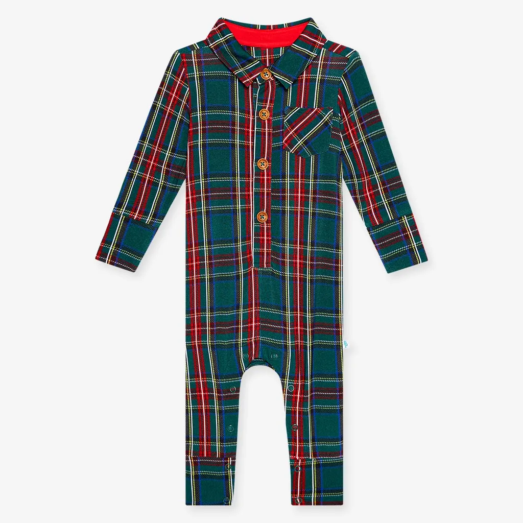 Posh Peanut Tartan Plaid L/S Collared Henley Long Romper