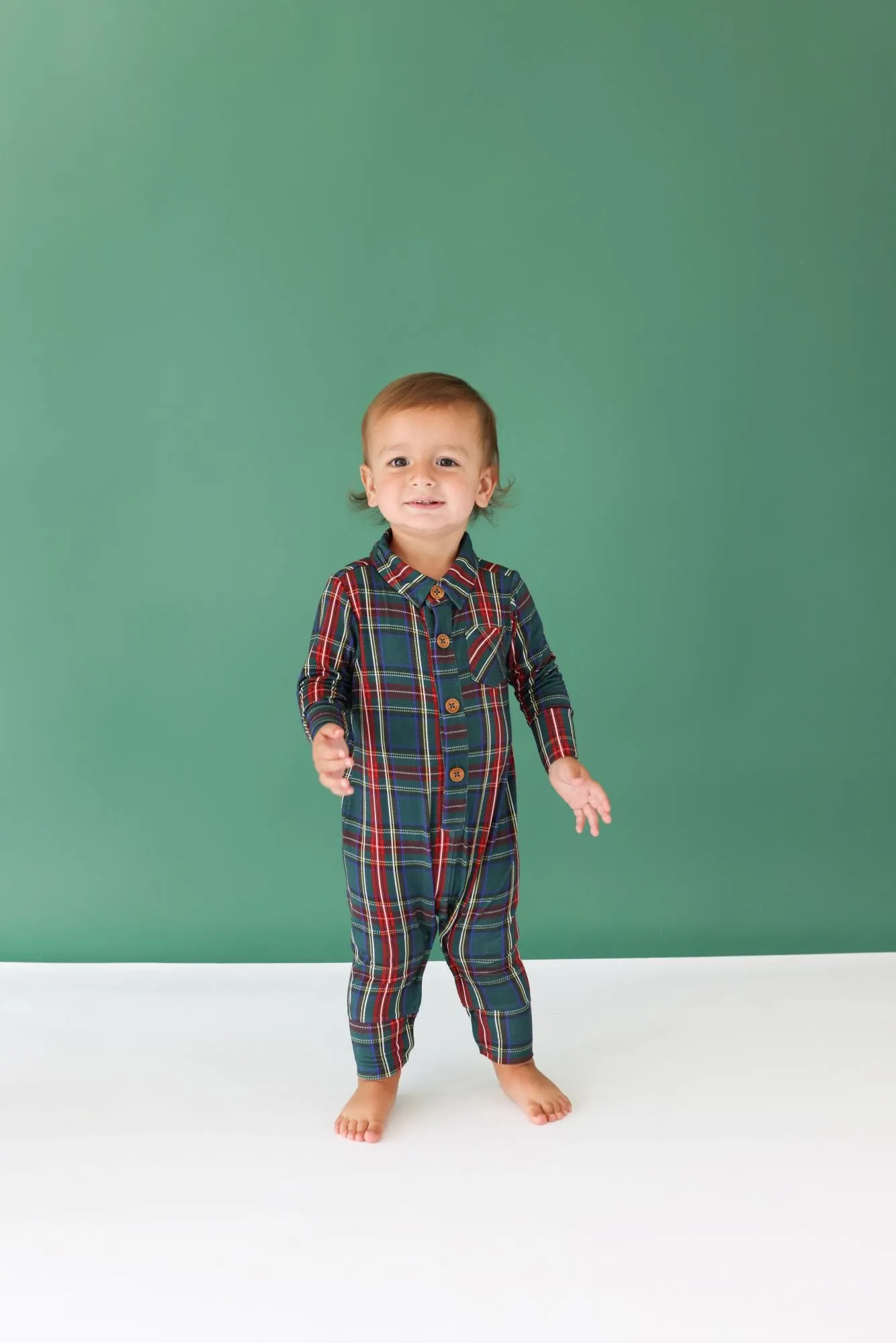 Posh Peanut Tartan Plaid L/S Collared Henley Long Romper