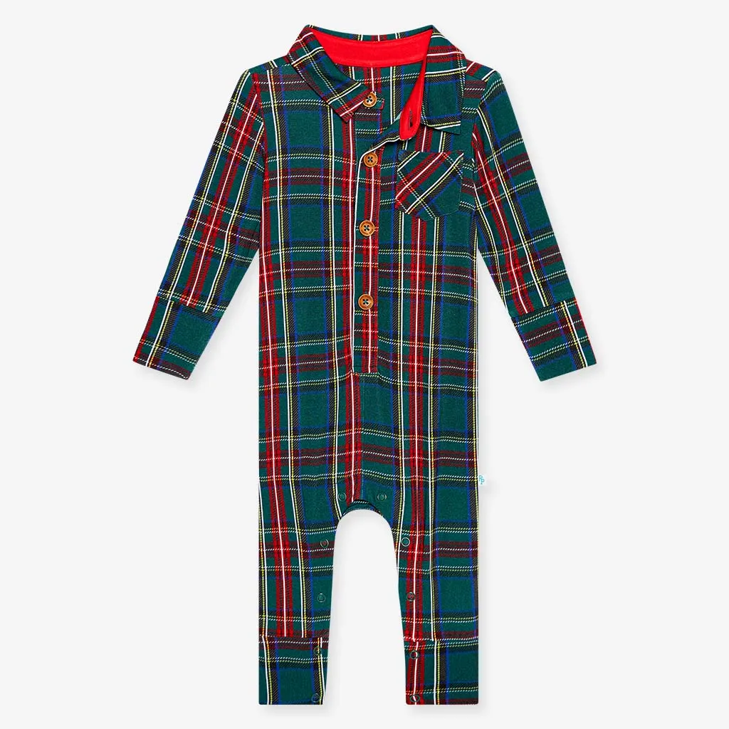Posh Peanut Tartan Plaid L/S Collared Henley Long Romper