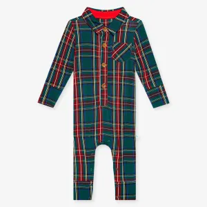 Posh Peanut Tartan Plaid L/S Collared Henley Long Romper