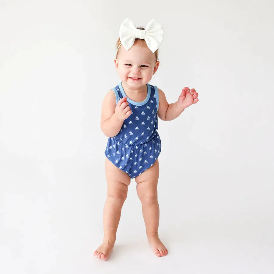 Posh Peanut Varsity Bubble Romper in Mariner