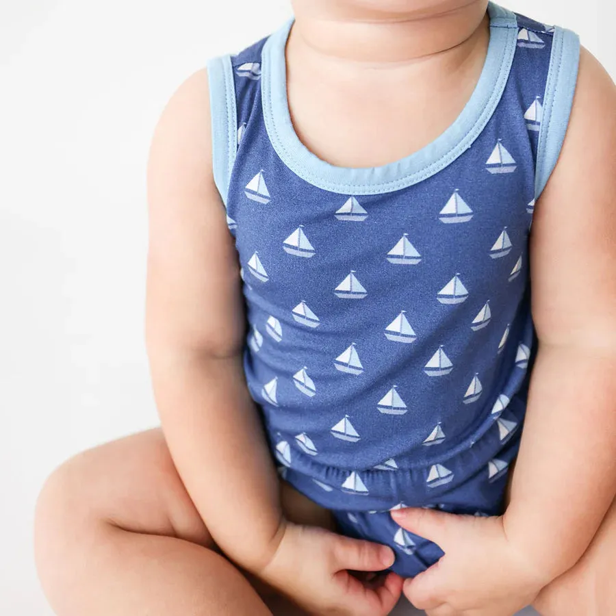 Posh Peanut Varsity Bubble Romper in Mariner