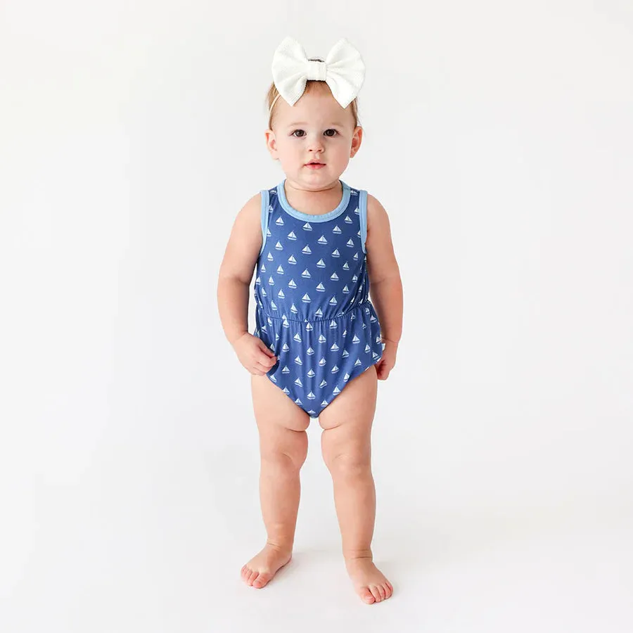 Posh Peanut Varsity Bubble Romper in Mariner