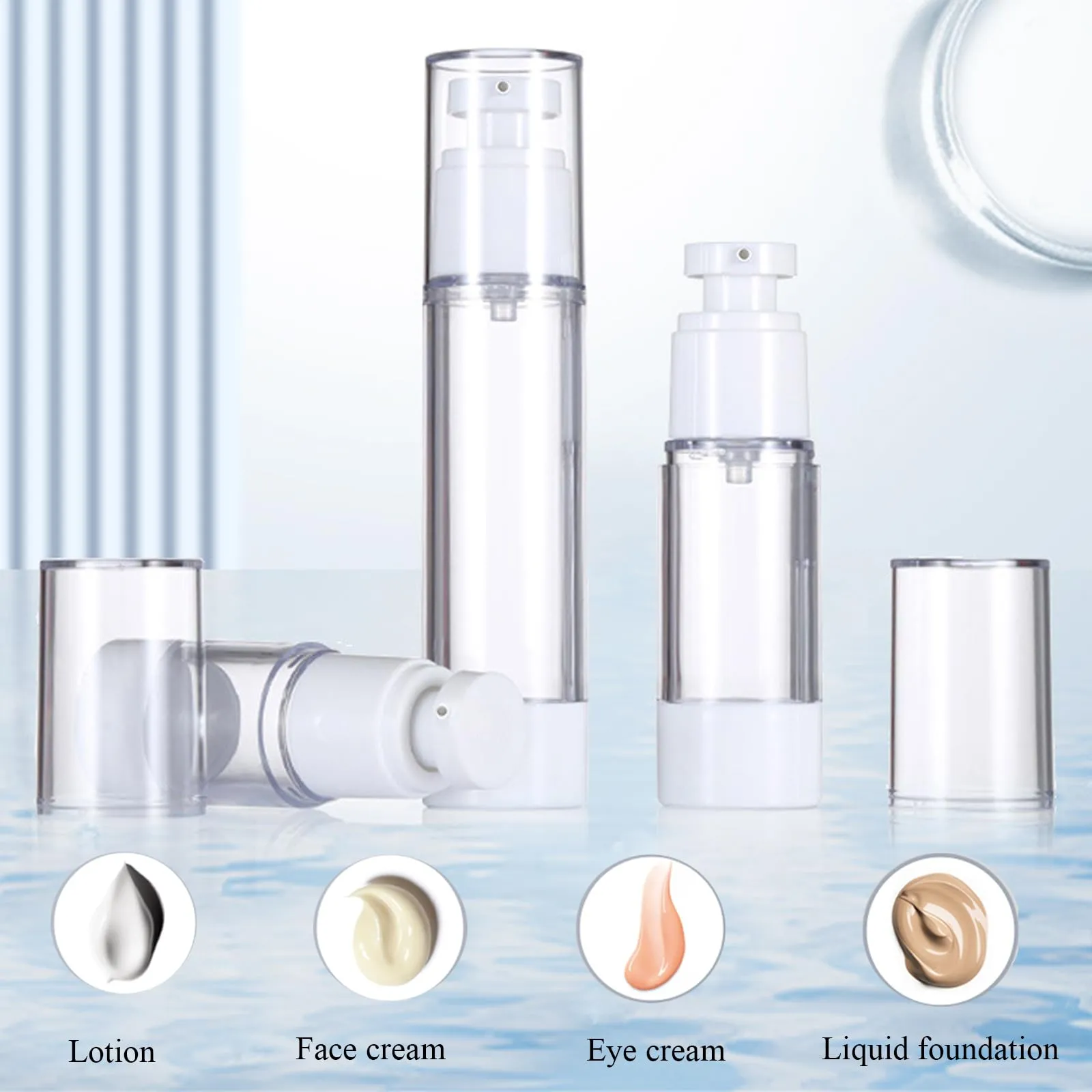 Qeuly 3 Pack Airless Pump Bottles Travel Size Pump Bottle Lotion Container Refillable Cosmetic Pump Dispensers for Foundation Moisturizer Shampoo Toiletry(0.5oz 1oz 1.7oz)