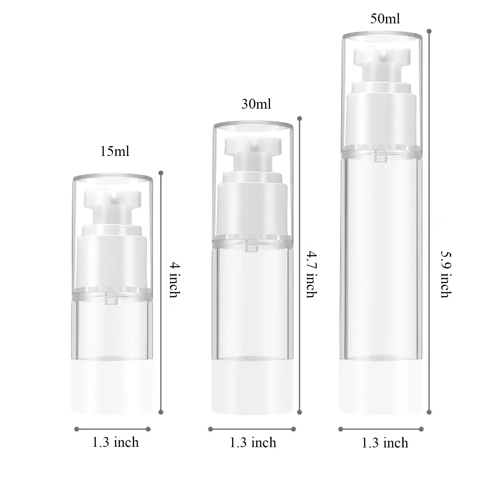 Qeuly 3 Pack Airless Pump Bottles Travel Size Pump Bottle Lotion Container Refillable Cosmetic Pump Dispensers for Foundation Moisturizer Shampoo Toiletry(0.5oz 1oz 1.7oz)