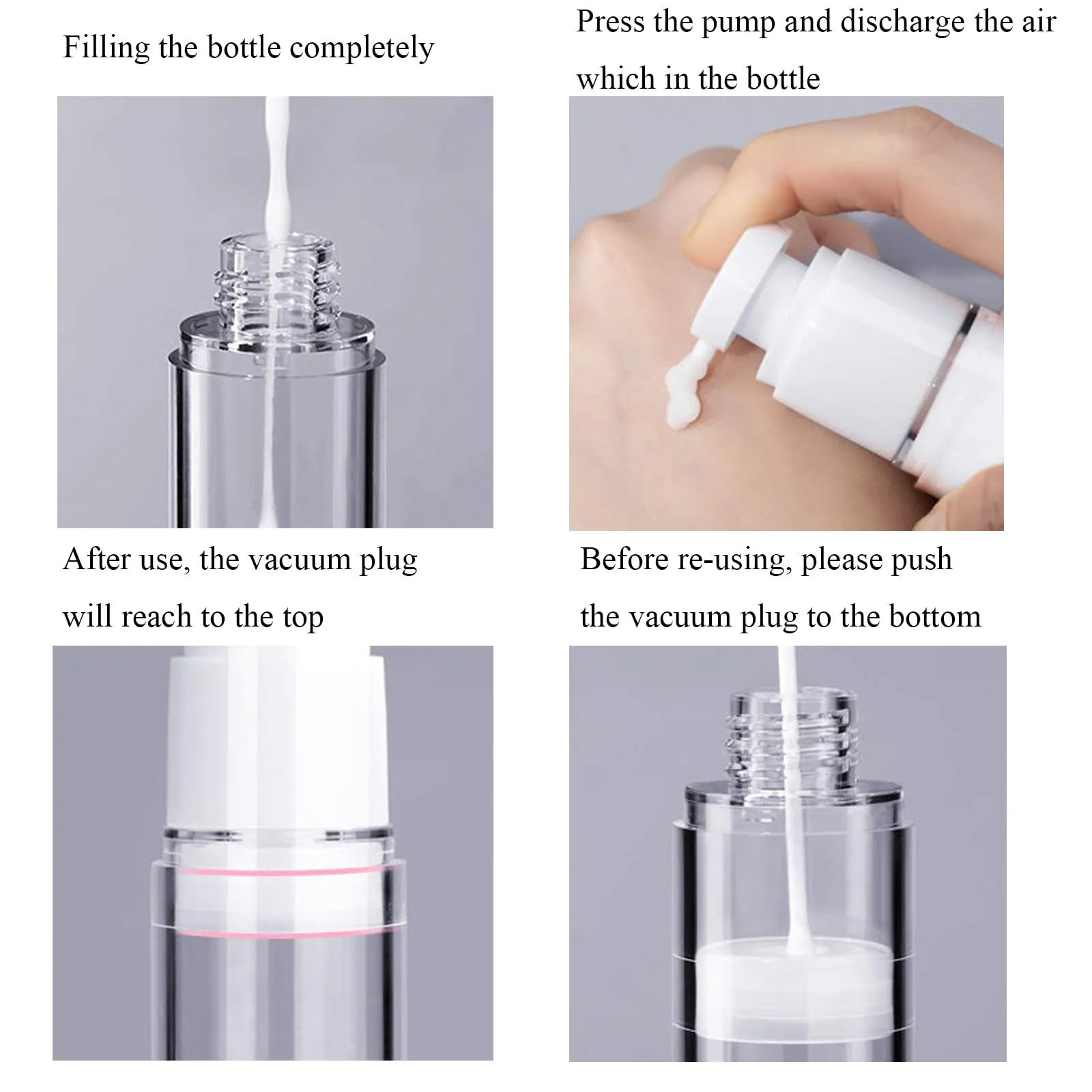 Qeuly 3 Pack Airless Pump Bottles Travel Size Pump Bottle Lotion Container Refillable Cosmetic Pump Dispensers for Foundation Moisturizer Shampoo Toiletry(0.5oz 1oz 1.7oz)
