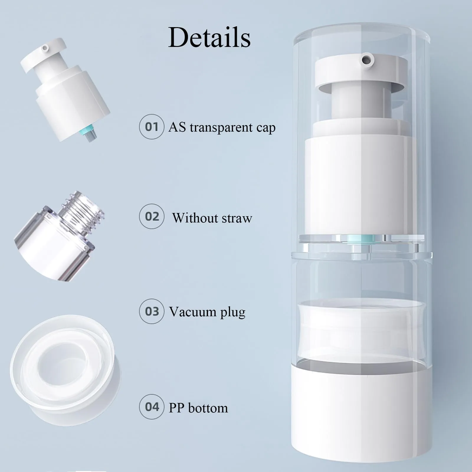 Qeuly 3 Pack Airless Pump Bottles Travel Size Pump Bottle Lotion Container Refillable Cosmetic Pump Dispensers for Foundation Moisturizer Shampoo Toiletry(0.5oz 1oz 1.7oz)