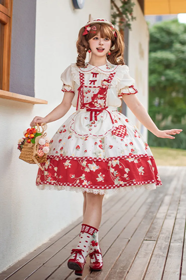 Red/White Strawberry Orchard Print Ruffle Detachable Sweet Lolita Strap Dress