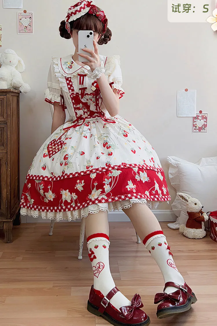 Red/White Strawberry Orchard Print Ruffle Detachable Sweet Lolita Strap Dress
