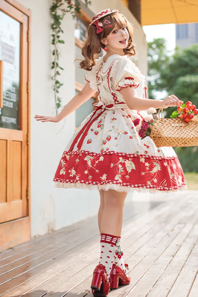 Red/White Strawberry Orchard Print Ruffle Detachable Sweet Lolita Strap Dress