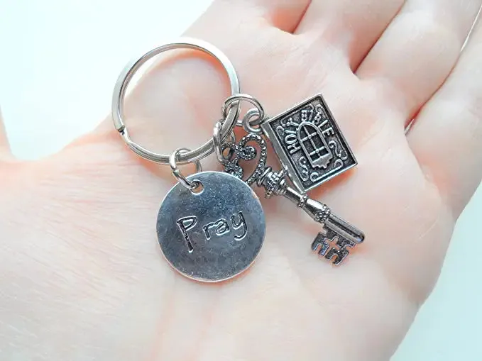 Religious Keychain, Key Charm, Holy Bible Charm & Pray Disc Charm, Religious Student Keychain